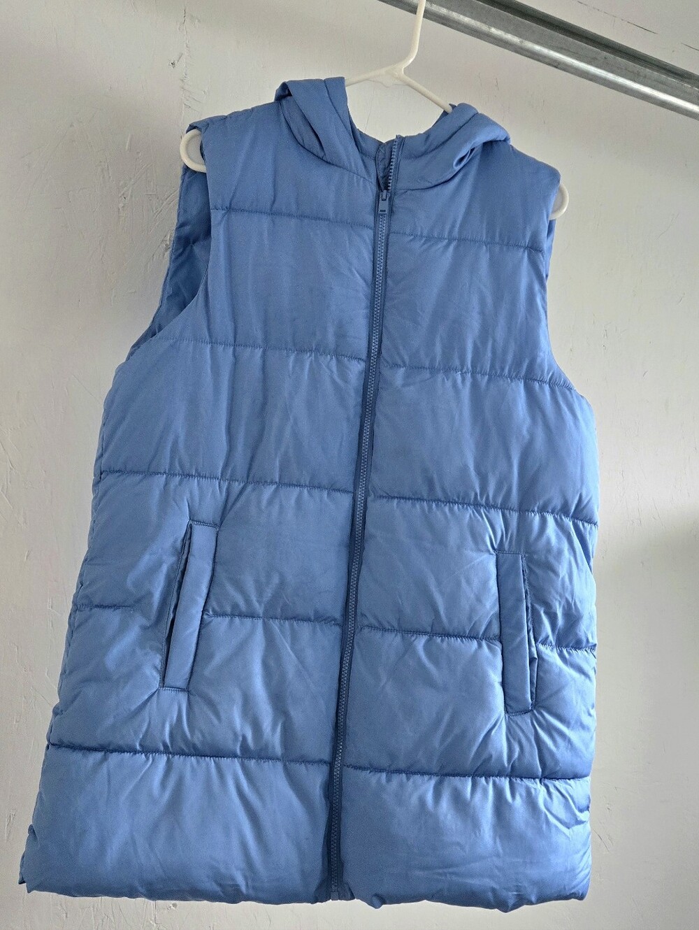 Long Hooded Puffa Vest in Baby Blue